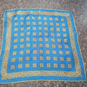 Vintage Echo Blue Gold Intricate Knot Scarf Silk Blend Eclectic Retro 70s Wrap
